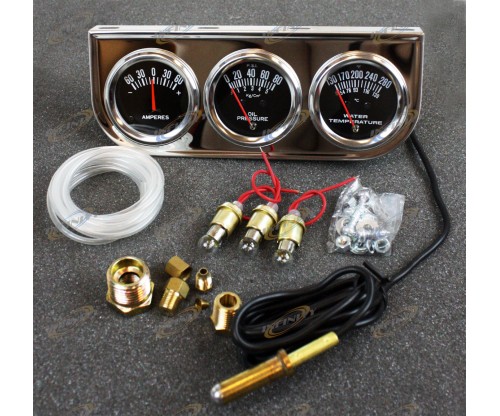 2 '' Chrome Black Faced Mechanical Oil Pressure Water Voltage Triple Gauge Kit
